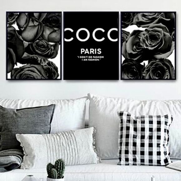 Chanel B&W Roses Picture print collection-Glam Wall Art Chic Modern black rose - Picture 1 of 6